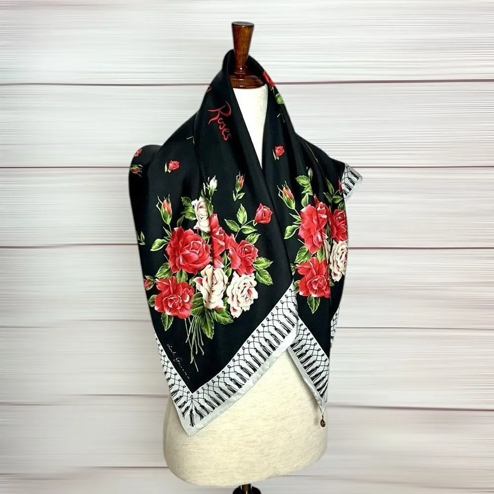 Lulu Guinness Silk Scarf “Life is a Bed of Roses” Black Floral Print Hand Rolled